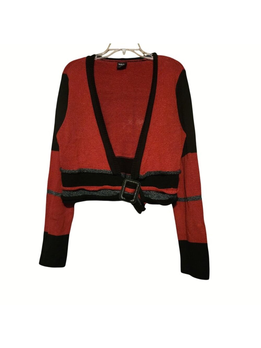 Tribal Womens Red & Black Striped Belted Cardigan Sweater XL Acrylic Blend